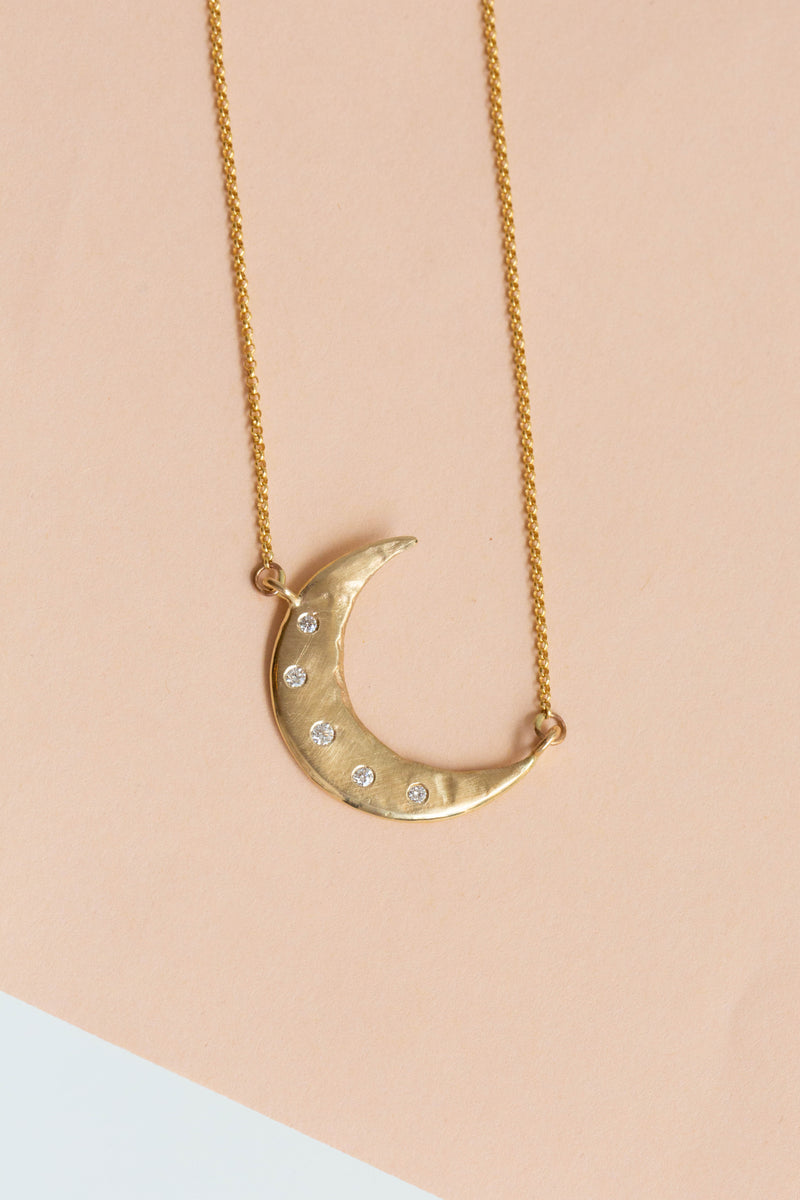 14k Gold Large Crescent Moon Necklace with Micro Pave Diamonds | Studio  DeLucca